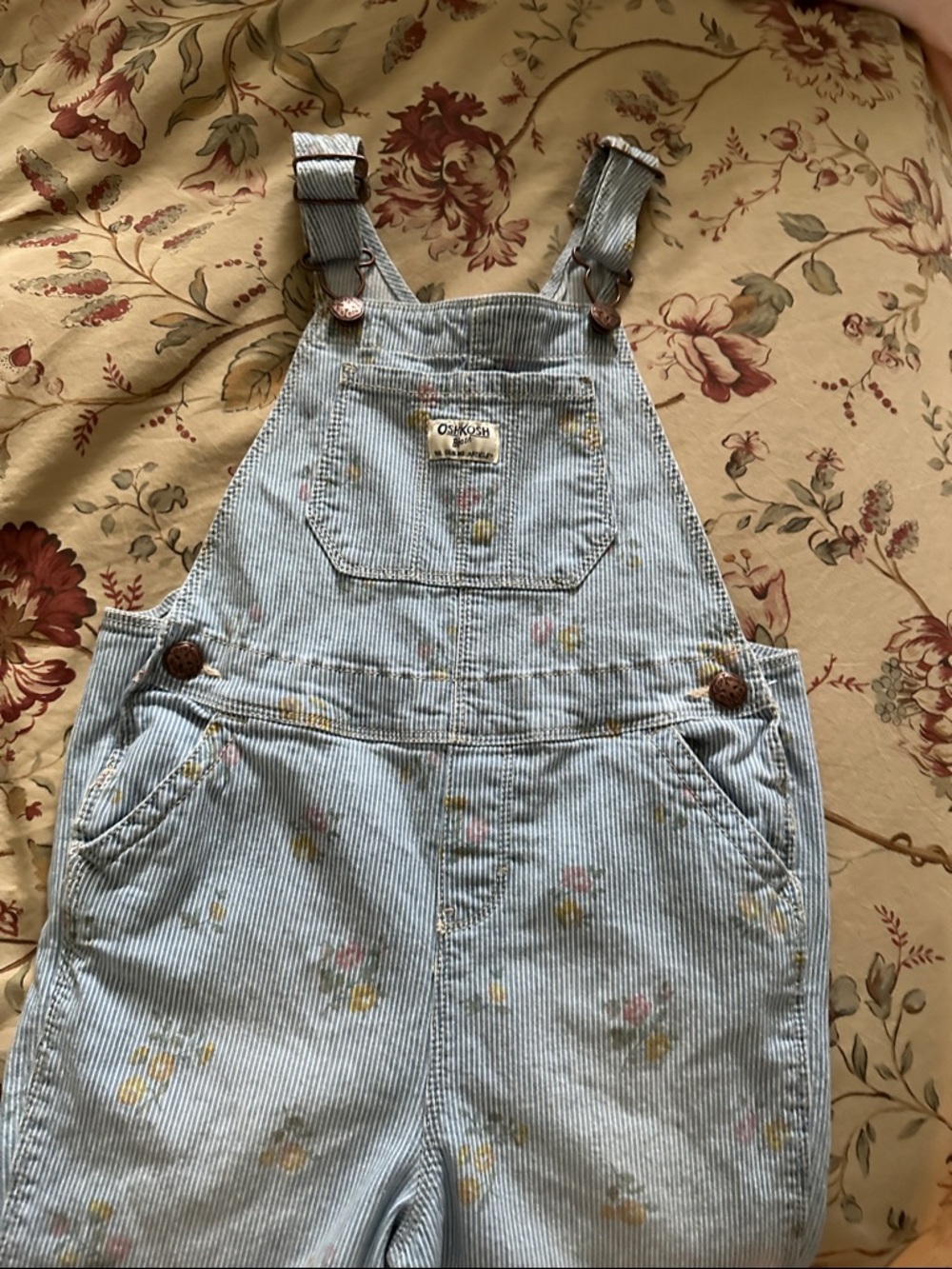 OshKosh Blue and White Pinstripe with flowers Kids Overalls - 5T